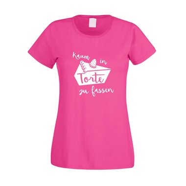 Damen T-Shirt - Kaum in Torte zu fassen - Humor Wortspiel Naschkatze Se Kuchen fuchsia-weiss XS