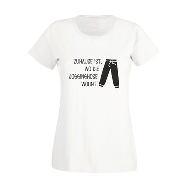 Damen T-Shirt - Zuhause ist wo die Jogginghose wohnt - Trainingsanzug Jogger fuchsia-schwarz XS