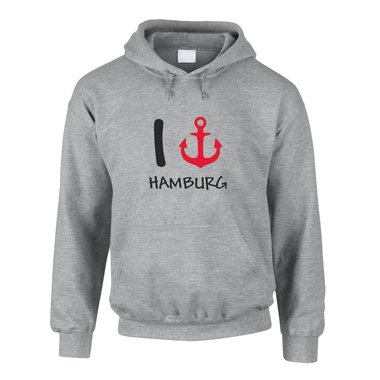 Hoodie I Love Hamburg mit Anker Kapuzenpullover HH St. Pauli Hafen XS-5XL 4XL grau-hellblau