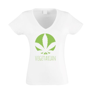 Damen T-Shirt V-Neck - Vegetarian - Ernhrung Gesundheit Ideale Humor Ironie Fun XXL weiss-dunkelgrn