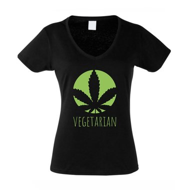 Damen T-Shirt V-Neck - Vegetarian - Ernhrung Gesundheit Ideale Humor Ironie Fun XXL weiss-dunkelgrn