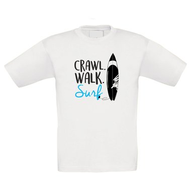 Kinder Surf-Shirt - Crawl. Walk. Surf. - Hobby Sport Wellen Kitesurfen Meer See schwarz-cyan 98-104