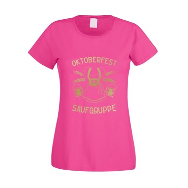 Dirndl Saufgruppe - Damen T-Shirt - Volksfest Oktoberfest Tracht Feiern Schleife fuchsia-gold XS