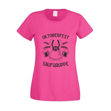 Dirndl Saufgruppe - Damen T-Shirt - Volksfest Oktoberfest Tracht Feiern Schleife fuchsia-gold XS