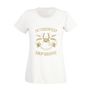 Dirndl Saufgruppe - Damen T-Shirt - Volksfest Oktoberfest Tracht Feiern Schleife fuchsia-gold XS