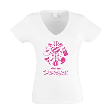 Mnchen Oktoberfest - Damen T-Shirt V-Ausschnitt - Volksfest Bier Ma Dirndl weiss-fuchsia XXL