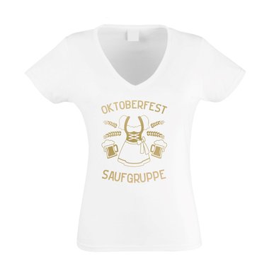 Saufgruppe Dirndl - Damen T-Shirt V-Ausschnitt - Oktoberfest Volksfest Feiern fuchsia-gold XS