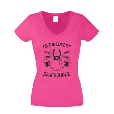 Saufgruppe Dirndl - Damen T-Shirt V-Ausschnitt - Oktoberfest Volksfest Feiern fuchsia-gold XS