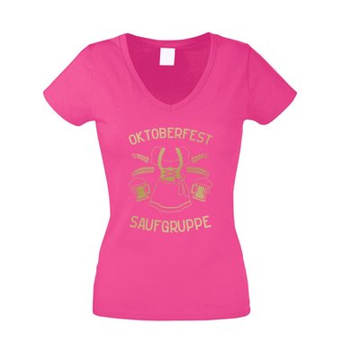 Saufgruppe Dirndl - Damen T-Shirt V-Ausschnitt - Oktoberfest Volksfest Feiern fuchsia-gold XS