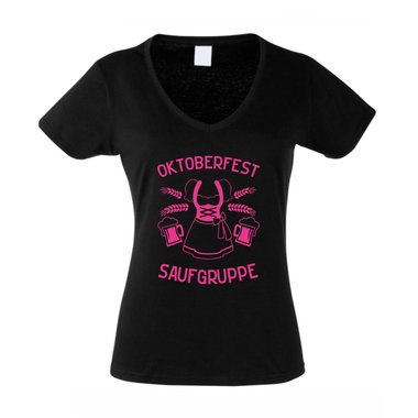 Saufgruppe Dirndl - Damen T-Shirt V-Ausschnitt - Oktoberfest Volksfest Feiern fuchsia-gold XS