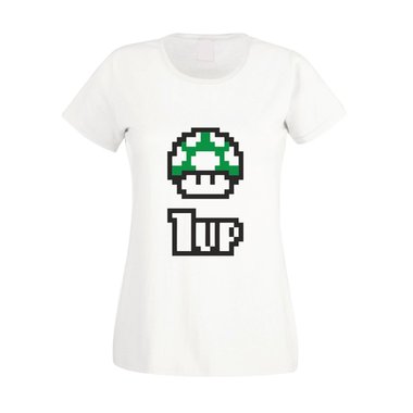 Super Mario - 1 Up - Retro Damen T-Shirt - Gaming Klassiker Level Kindheit Pilz weiss-schwarz XXL