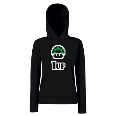 Super Mario - 1Up - Damen Hoodie - Gaming Level Pilz Toad Klassiker Game Nerd schwarz-weiss L