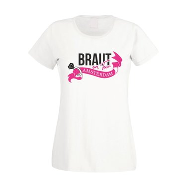 JGA - Braut on Tour - Amsterdam - Damen T-Shirt weiss-fuchsia L