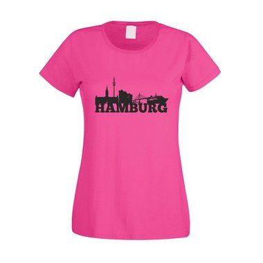 Hamburg Skyline - Damen T-Shirt fuchsia-schwarz XXL