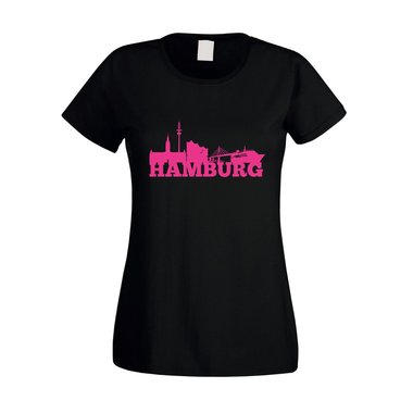 Hamburg Skyline - Damen T-Shirt fuchsia-schwarz XXL