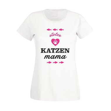 Damen T-Shirt - Stolze Katzen Mama weiss-fuchsia XS