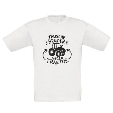 Kinder T-Shirt - Tausche Bruder gegen Traktor weiss-schwarz 152-164