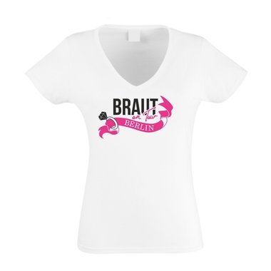 Damen T-Shirt V-Neck - Braut on Tour - JGA Berlin weiss-fuchsia XS