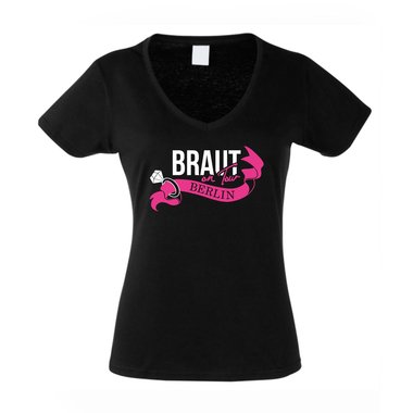 Damen T-Shirt V-Neck - Braut on Tour - JGA Berlin weiss-fuchsia XS