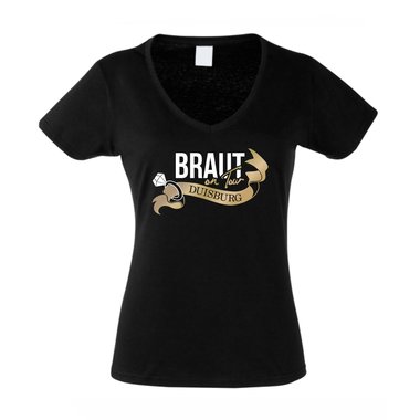 Damen T-Shirt V-Neck - Braut on Tour - Duisburg JGA schwarz-gold XXL