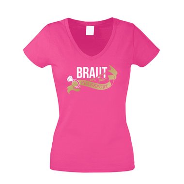 Damen T-Shirt V-Neck - Braut on Tour - Frankfurt JGA schwarz-gold XXL