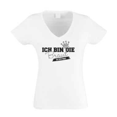 Damen T-Shirt V-Neck - Glitzer - Ich bin die Braut, die sich traut weiss-silberglitzer XXL