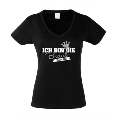 Damen T-Shirt V-Neck - Glitzer - Ich bin die Braut, die sich traut weiss-silberglitzer XXL