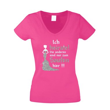 Damen T-Shirt V-Neck - Glitzer - Ich heirate, die anderen sind nur zum Saufen da - JGA fuchsia-goldglitzer XS