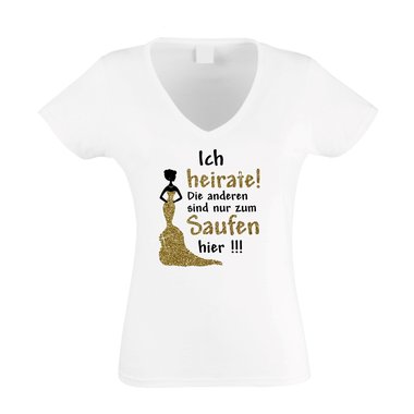 Damen T-Shirt V-Neck - Glitzer - Ich heirate, die anderen sind nur zum Saufen da - JGA fuchsia-goldglitzer XS