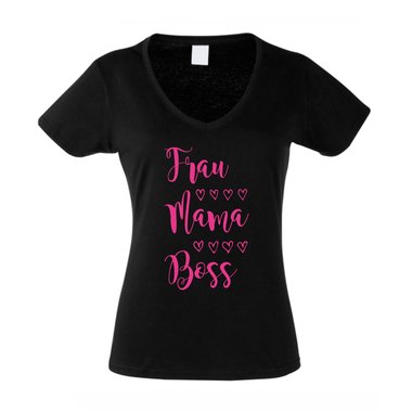 Damen T-Shirt V-Neck - Frau, Mama, Boss fuchsia-gold XS