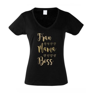 Damen T-Shirt V-Neck - Frau, Mama, Boss fuchsia-gold XS