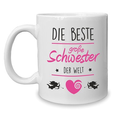 Kaffeebecher - Tasse - Die Beste groe Schwester der Welt weiss-fuchsia