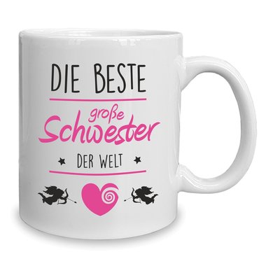 Kaffeebecher - Tasse - Die Beste groe Schwester der Welt weiss-fuchsia