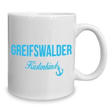 Kaffeebecher - Tasse - Greifswalder Kstenkind weiss-cyan
