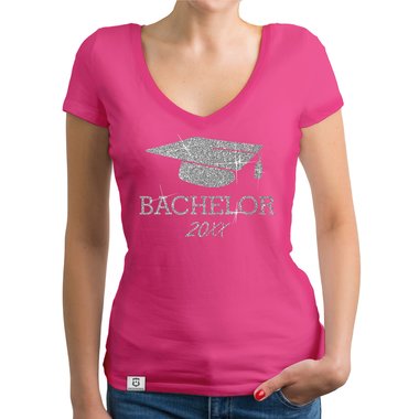 Damen T-Shirt V-Neck - Bachelor mit Wunschjahr weiss-schwarz XXL