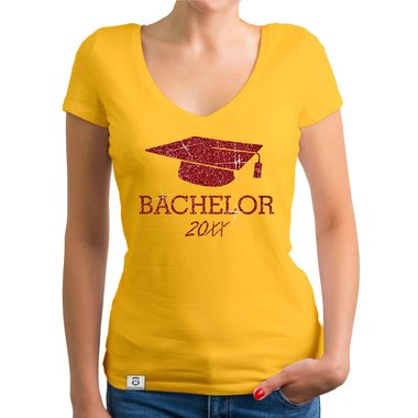 Damen T-Shirt V-Neck - Bachelor mit Wunschjahr weiss-schwarz XXL