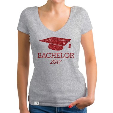 Damen T-Shirt V-Neck - Bachelor mit Wunschjahr weiss-schwarz XXL