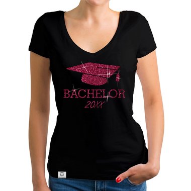 Damen T-Shirt V-Neck - Bachelor mit Wunschjahr weiss-schwarz XXL