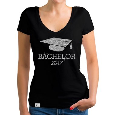 Damen T-Shirt V-Neck - Bachelor mit Wunschjahr weiss-schwarz XXL