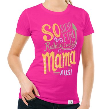 Damen T-Shirt - richtig coole Mama rot-gelb L