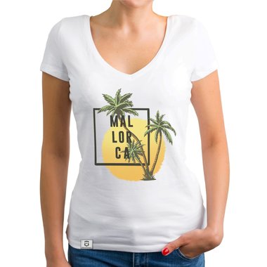 Damen T-Shirt V-Neck - Mallorca Palmen und Sonne weiss-schwarz XXL