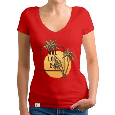 Damen T-Shirt V-Neck - Mallorca Palmen und Sonne weiss-schwarz XXL