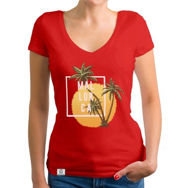 Damen T-Shirt V-Neck - Mallorca Palmen und Sonne weiss-schwarz XXL