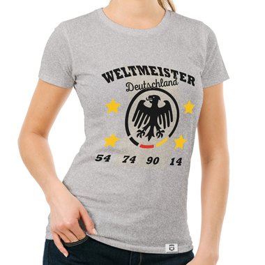 Damen T-Shirt - Weltmeister Deutschland 54 74 90 14 hellgrau-schwarz S