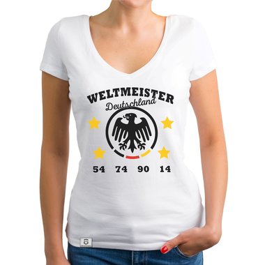 Damen T-Shirt V-Neck - Weltmeister Deutschland 54 74 90 14 weiss-schwarz XXL