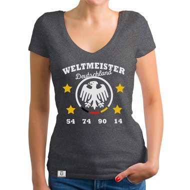 Damen T-Shirt V-Neck - Weltmeister Deutschland 54 74 90 14 weiss-schwarz XXL