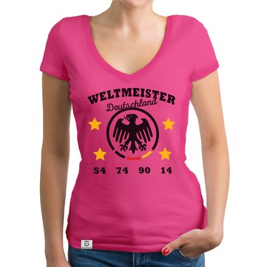 Damen T-Shirt V-Neck - Weltmeister Deutschland 54 74 90 14 weiss-schwarz XXL