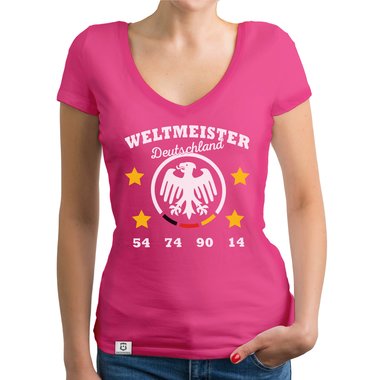 Damen T-Shirt V-Neck - Weltmeister Deutschland 54 74 90 14 weiss-schwarz XXL