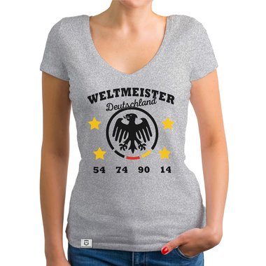 Damen T-Shirt V-Neck - Weltmeister Deutschland 54 74 90 14 weiss-schwarz XXL