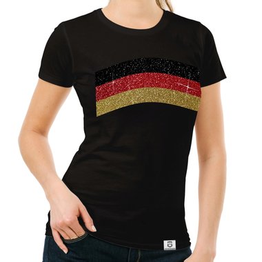 Damen T-Shirt - Deutschland-Flagge - mit Glitzer - Wunschname und Wunschnummer auf der Rckseite schwarz-goldglitzer XXL